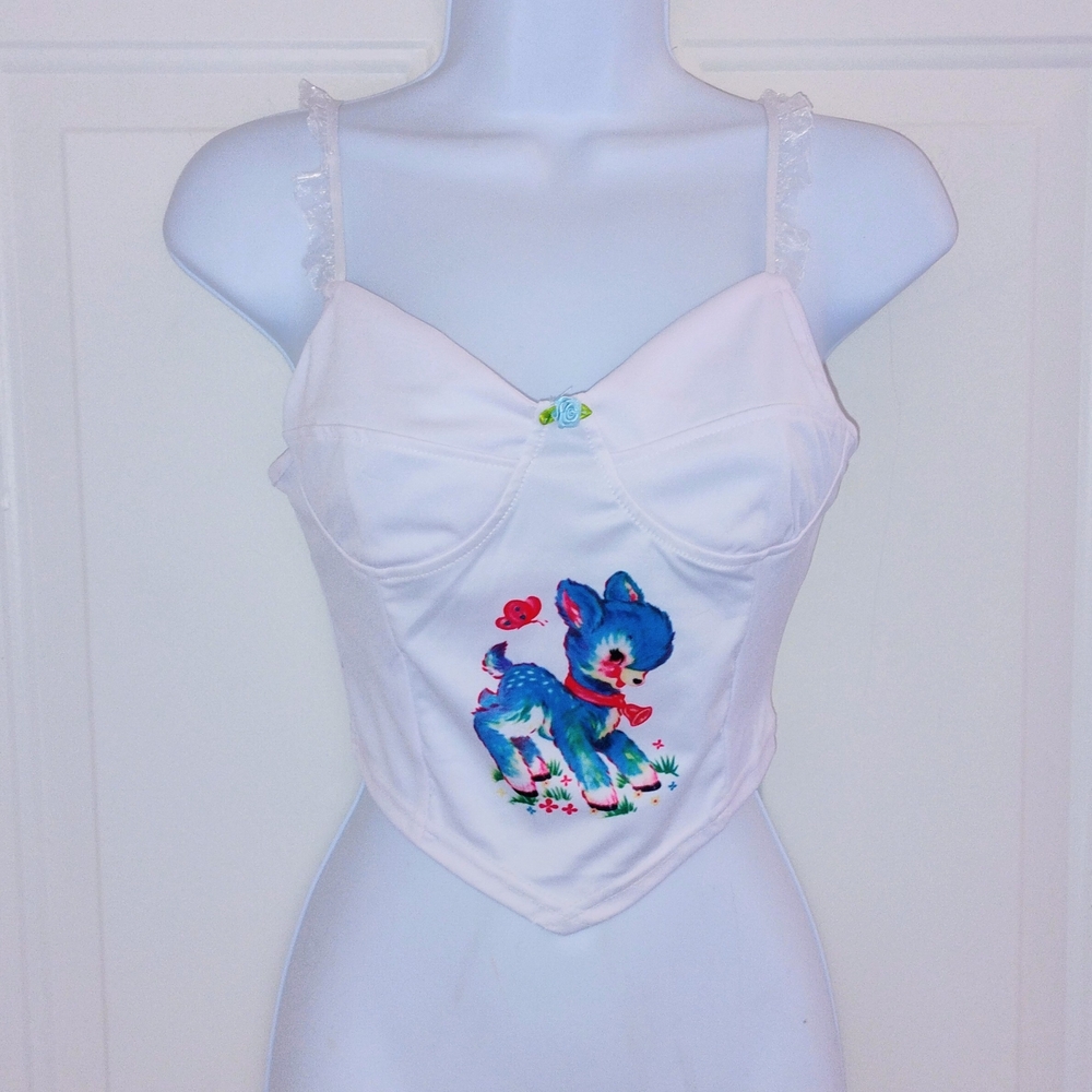 SHEIN White Corset Top with Blue Lamb Graphic and Lace Straps
